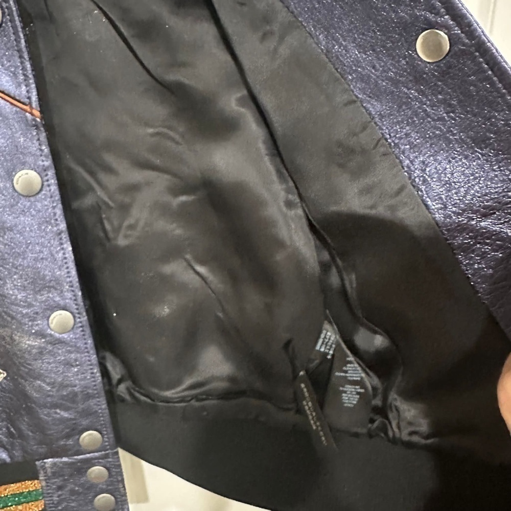 Coach Shrunken Leather Varsity Jacket In Metallic Cadet Blue I Size 2 - Picture 15 of 16